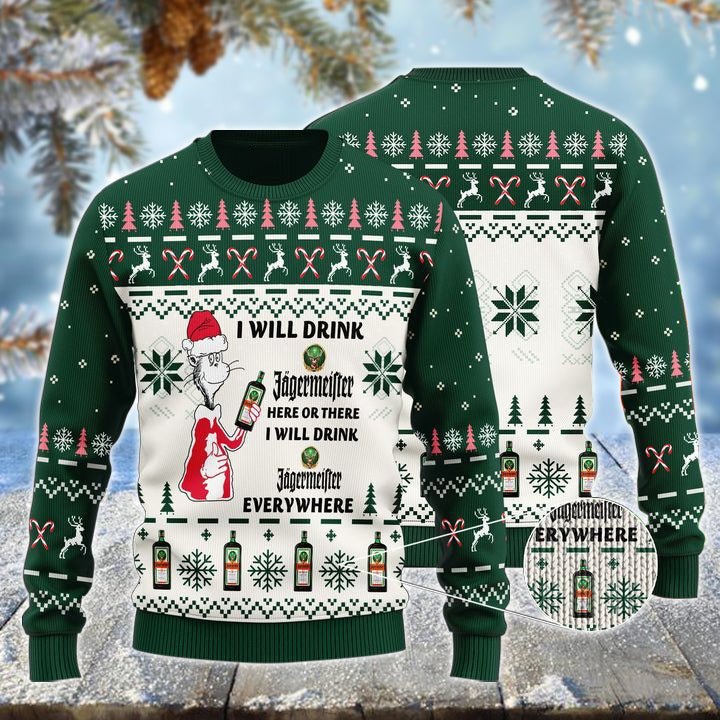 Jagermeister Cat Hat Will Drink Everywhere Ugly Sweater - WeCustomit