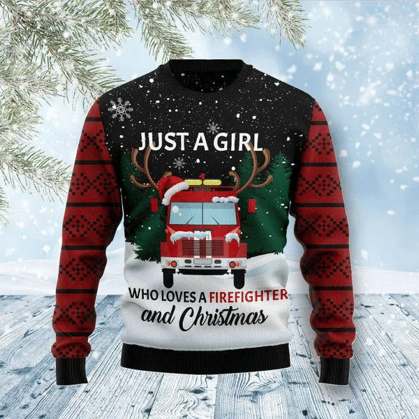 Just A Girl Who Loves Firefighter Ugly Christmas Sweater For Men & Women Christmas Gift Sweater US1190 - WeCustomit