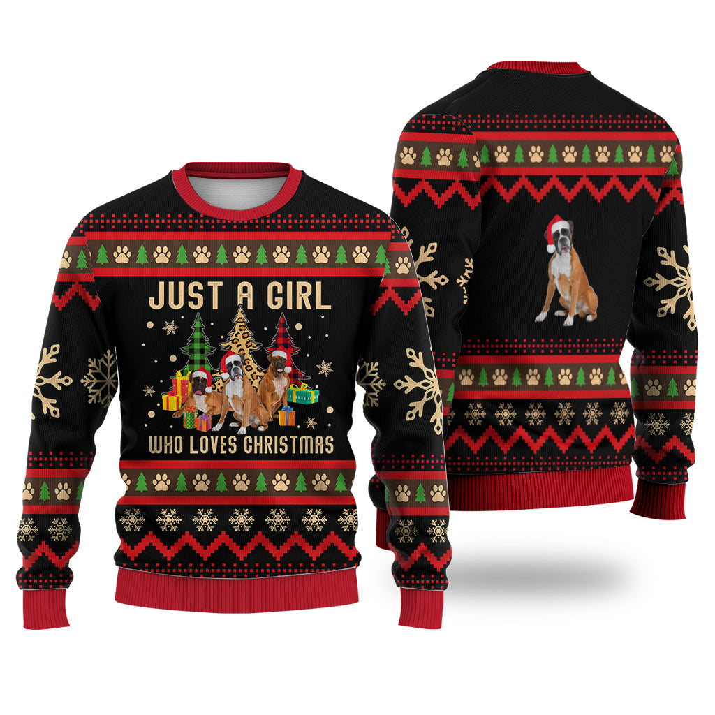 Just A Girl Who Loves Christmas Boxer Dog Sweater Christmas Knitted Print Sweatshirt - Best Gift For Christmas, Noel - WeCustomit