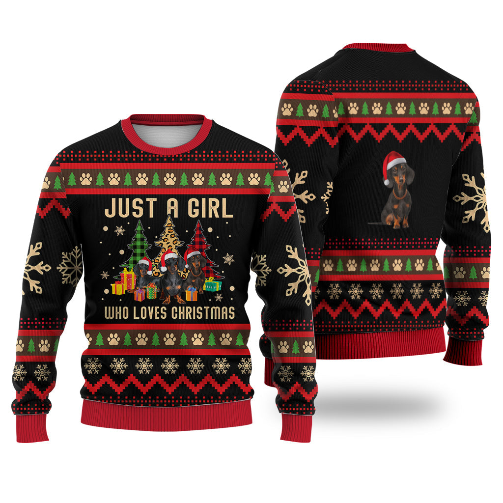 Just A Girl Who Loves Christmas Dachshund Dog Sweater Christmas Knitted Print Sweatshirt - Best Gift For Christmas, Noel - WeCustomit
