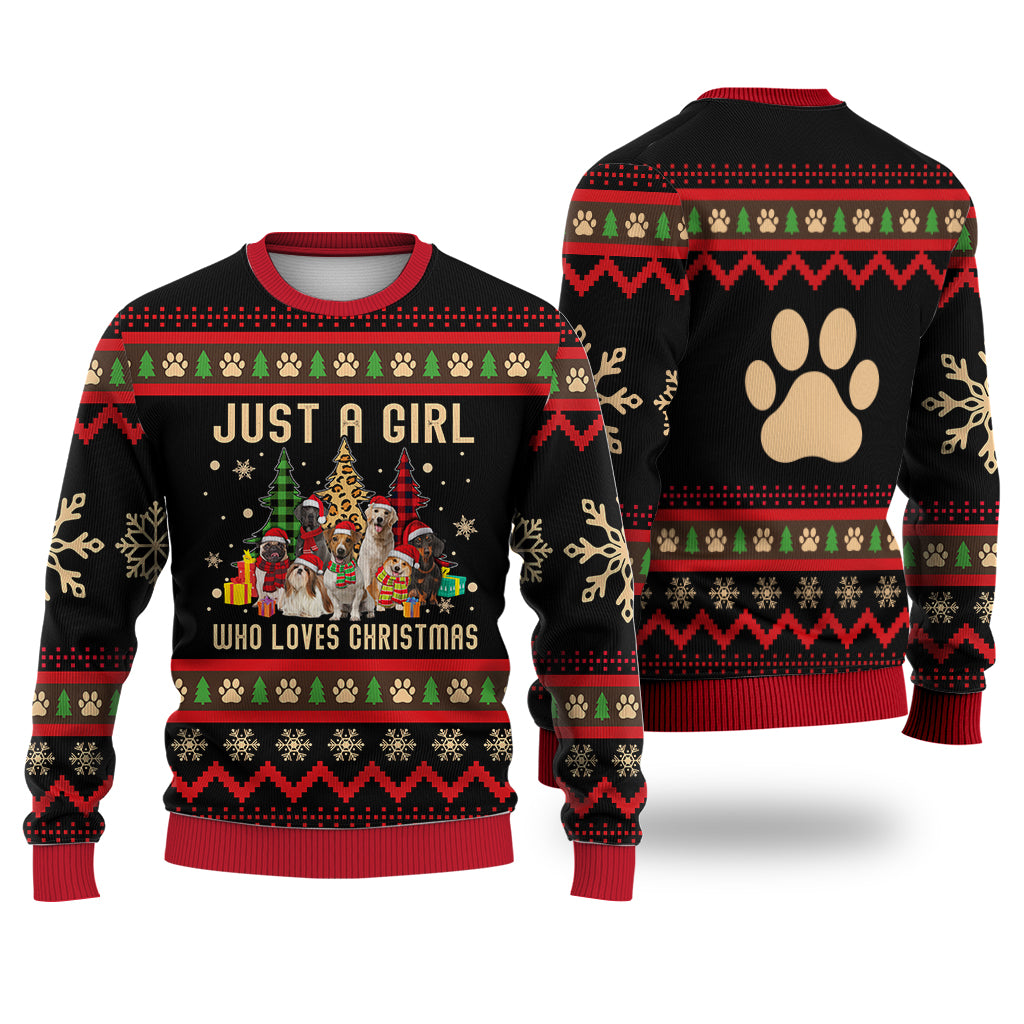 Just A Girl Who Loves Christmas Dog Sweater Christmas Knitted Print Sweatshirt - Best Gift For Christmas, Noel - WeCustomit
