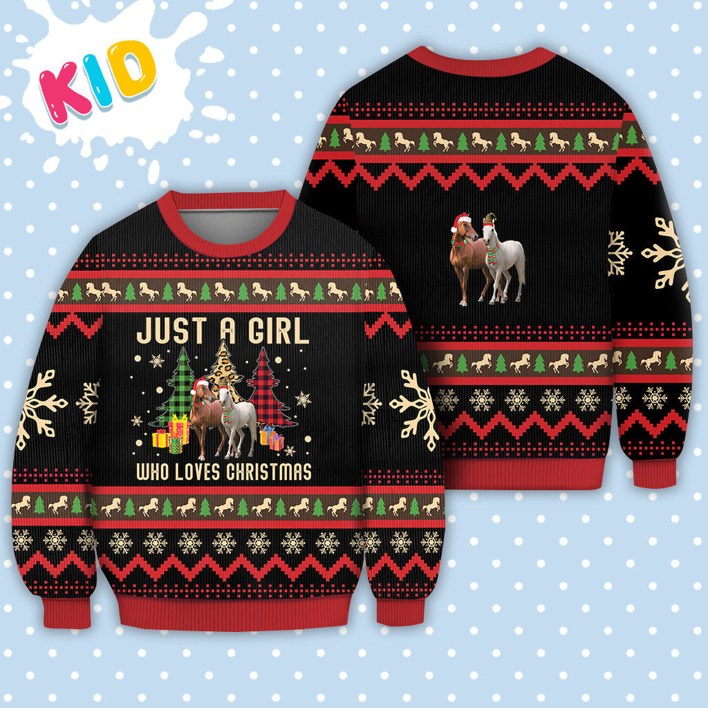 Just A Girl Who Loves Christmas Horse Sweater Christmas Knitted Print Sweatshirt - Best Gift For Christmas, Noel - WeCustomit