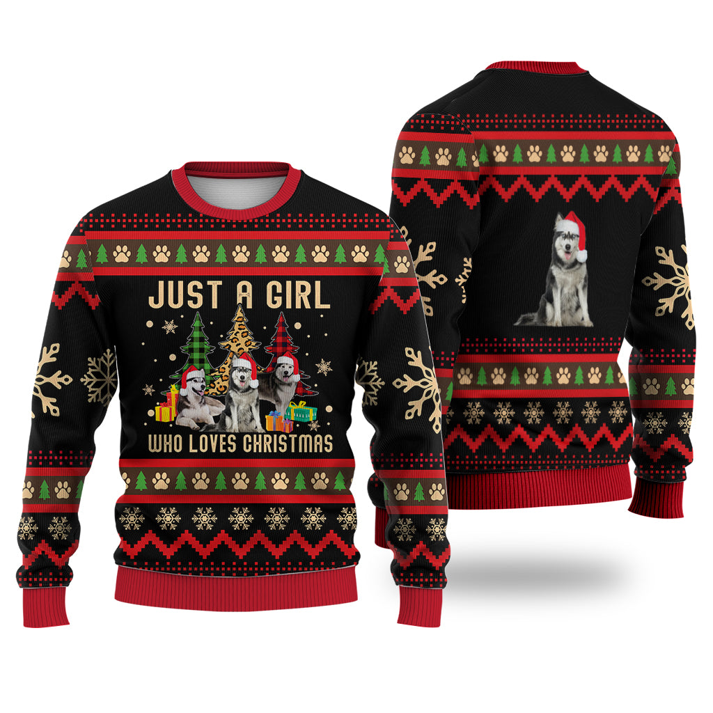 Just A Girl Who Loves Christmas Husky Dog Sweater Christmas Knitted Print Sweatshirt - Best Gift For Christmas, Noel - WeCustomit