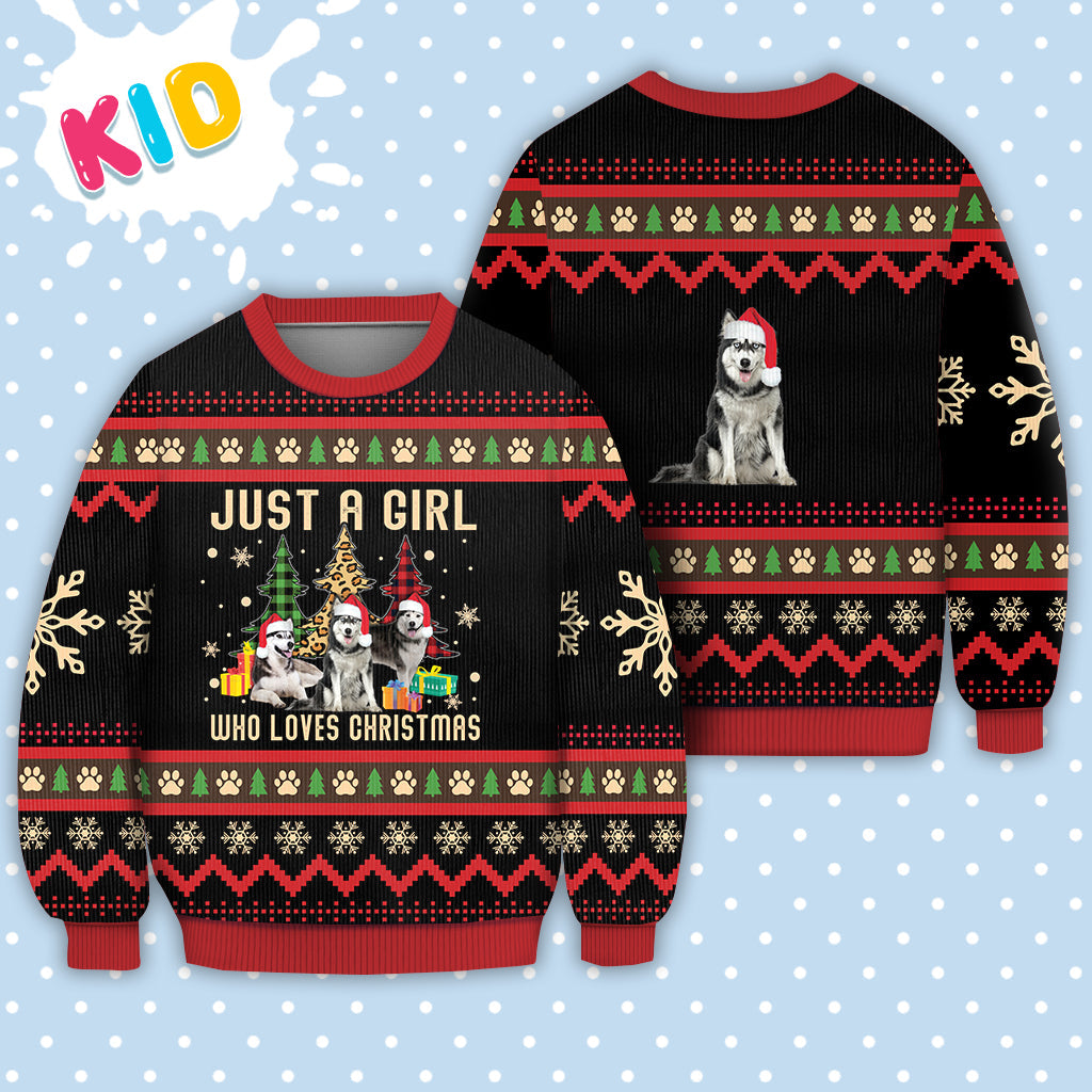 Just A Girl Who Loves Christmas Husky Dog Sweater Christmas Knitted Print Sweatshirt - Best Gift For Christmas, Noel - WeCustomit