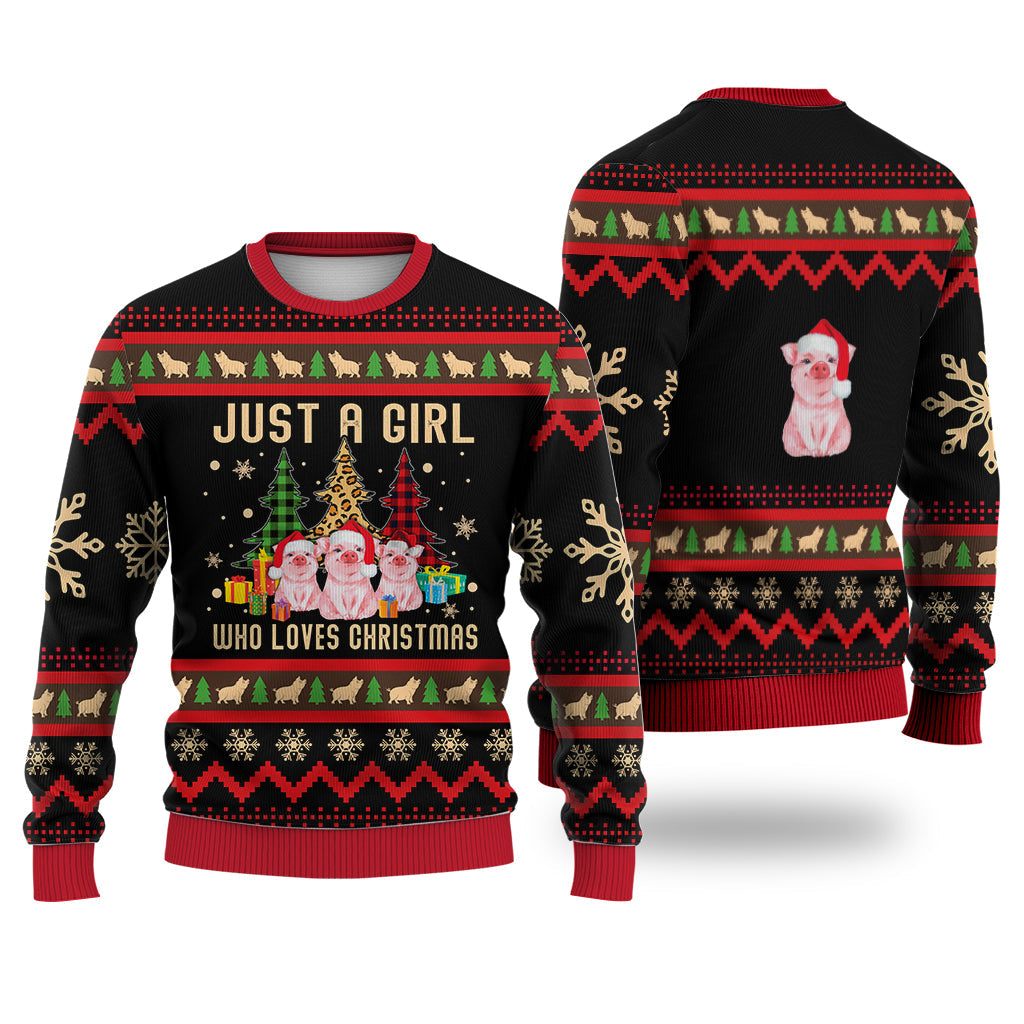 Just A Girl Who Loves Christmas Pig Sweater Christmas Knitted Print Sweatshirt - Best Gift For Christmas, Noel - WeCustomit
