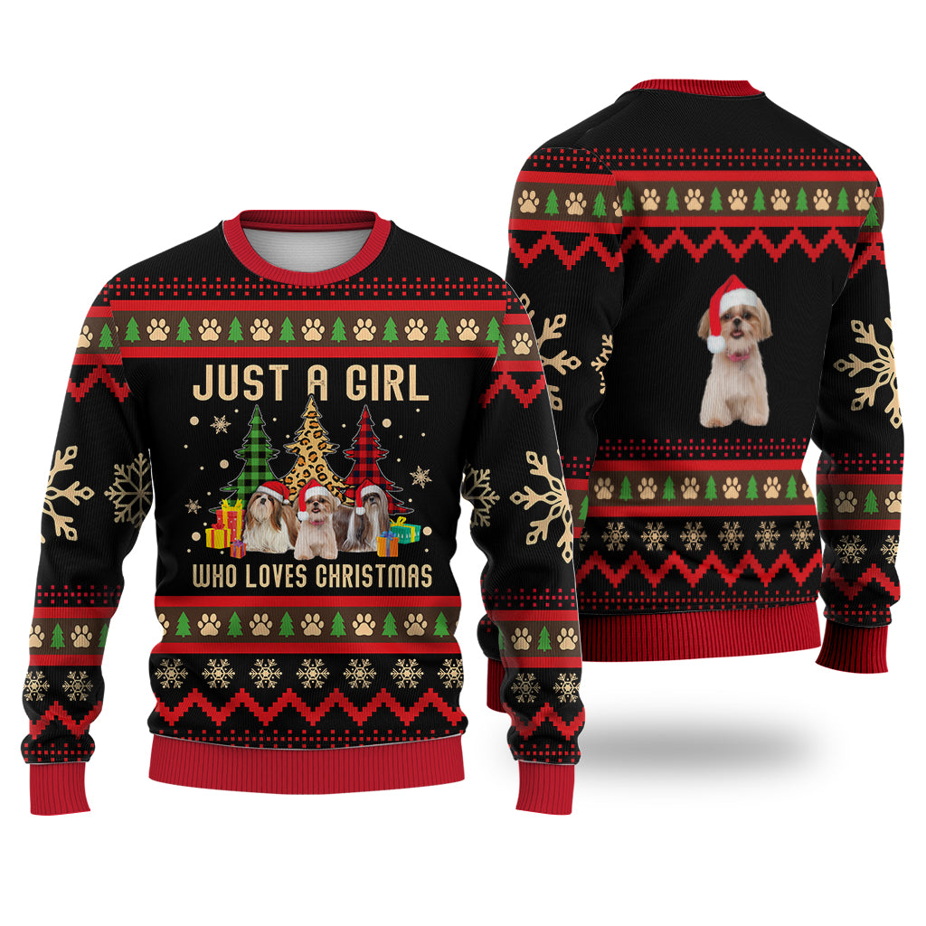 Just A Girl Who Loves Christmas Shih Tzu Dog Sweater Christmas Knitted Print Sweatshirt - Best Gift For Christmas, Noel - WeCustomit