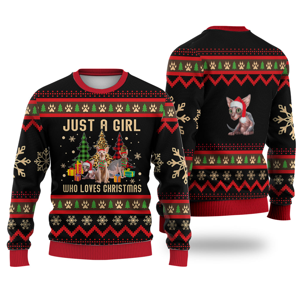 Just A Girl Who Loves Christmas Sphynx Cat Sweater Christmas Knitted Print Sweatshirt - Best Gift For Christmas, Noel - WeCustomit