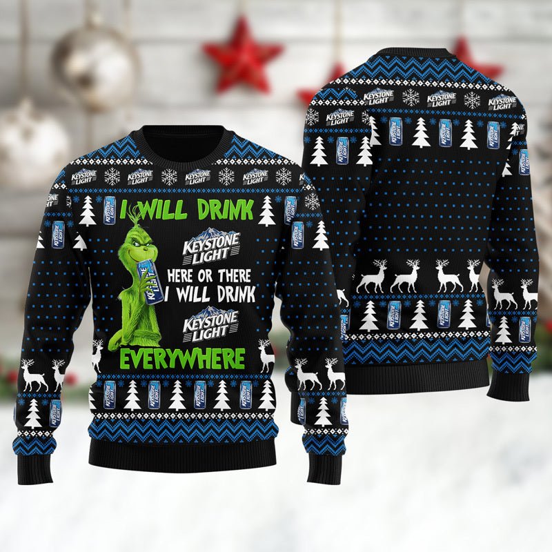 Keystone Light Grinch Will Drink Everywhere Ugly Sweater - WeCustomit