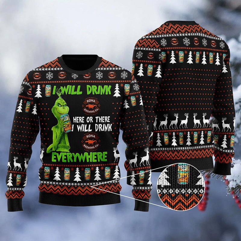 Kona Brewing Grinch Will Drink Everywhere Ugly Sweater - WeCustomit