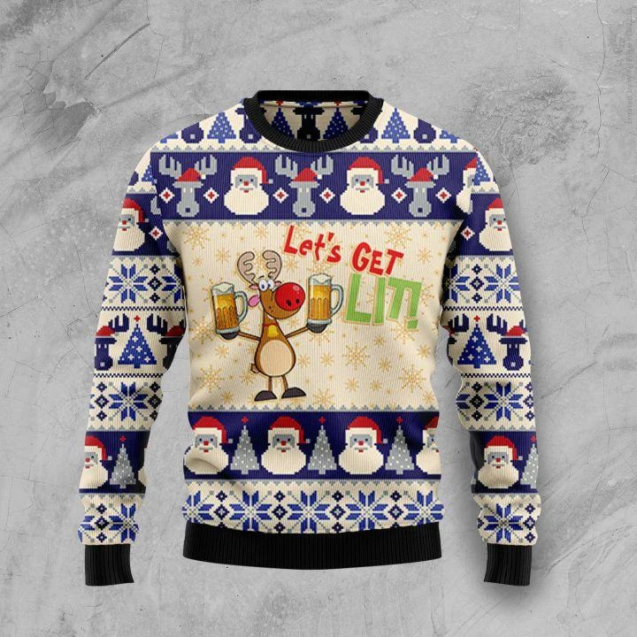 Let's Get Lit Reindeer Drink Beer Ugly Christmas Sweater - WeCustomit