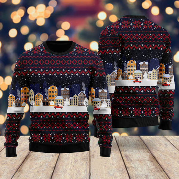 Lonely Red Car In Snow Night Pattern Ugly Christmas Sweater For Men & Women Christmas Gift Sweater US2253 - WeCustomit