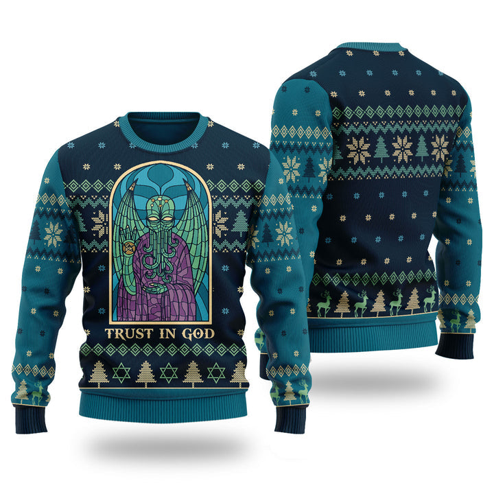 H. P. Lovecraft Trust in Cthulhu: Church Stained Glass Unisex Ugly Christmas Sweater For Men & Women Christmas Gift Sweater US4026 - WeCustomit