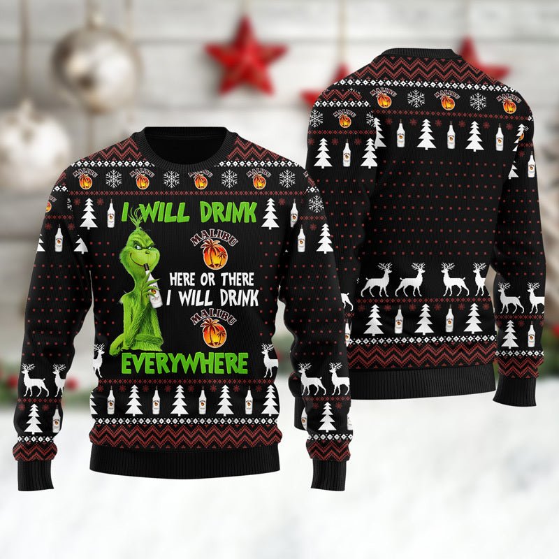 Malibu Grinch Will Drink Everywhere Ugly Sweater - WeCustomit