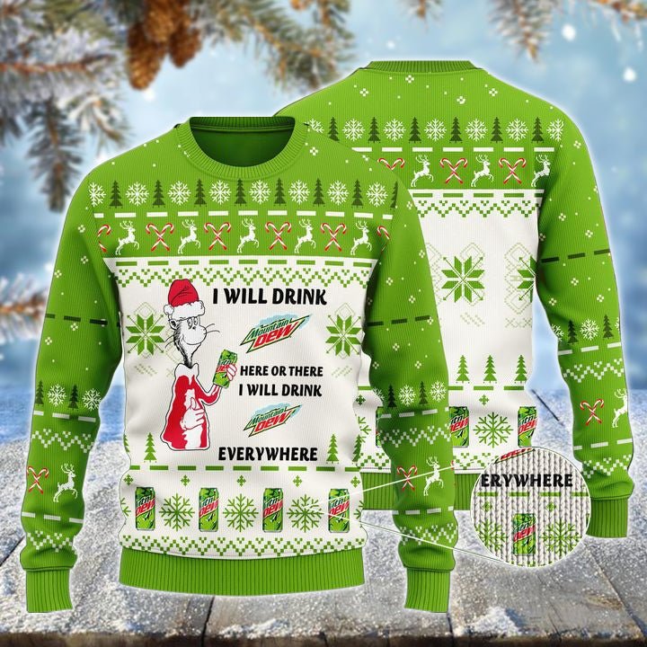 Mountain Dew Cat Hat Will Drink Everywhere Ugly Sweater - WeCustomit