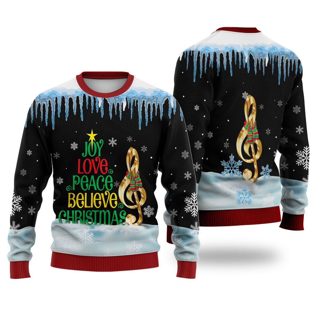 Music Joy Love Peace Believe Christmas Sweater Christmas Knitted Print Sweatshirt - Best Gift For Christmas, Noel - WeCustomit