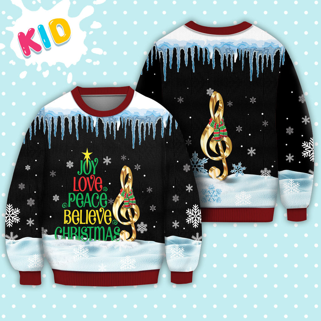 Music Joy Love Peace Believe Christmas Sweater Christmas Knitted Print Sweatshirt - Best Gift For Christmas, Noel - WeCustomit