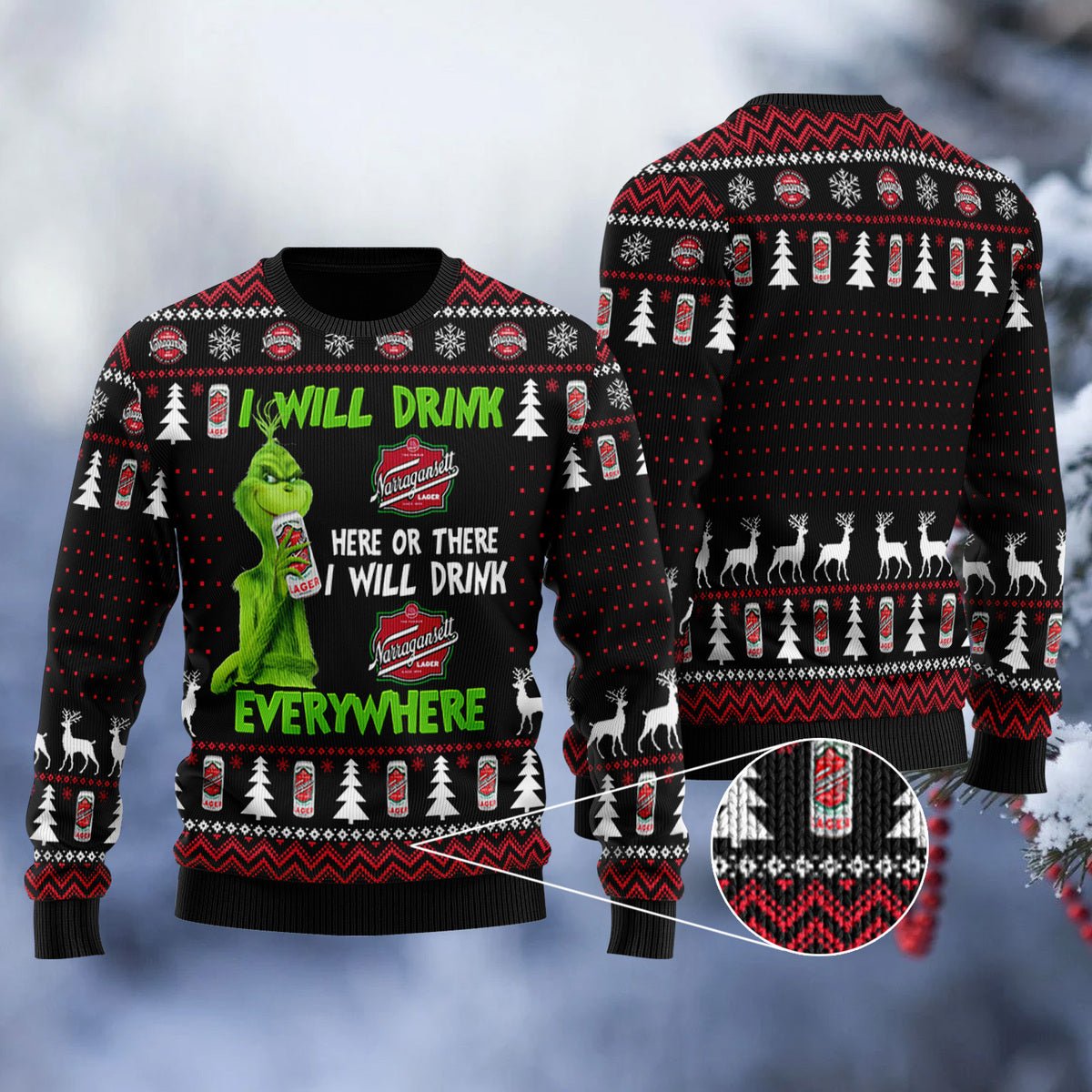 Narragansett Grinch Will Drink Everywhere Ugly Sweater - WeCustomit