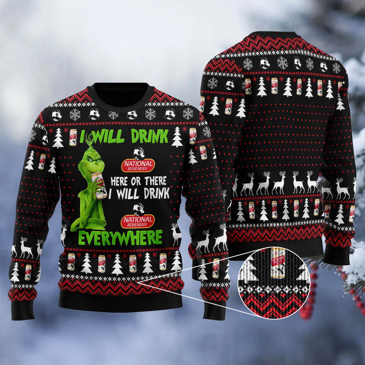National Bohemian Grinch Will Drink Everywhere Ugly Sweater - WeCustomit