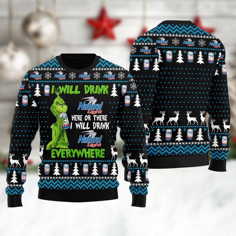 Natural Light Grinch Will Drink Everywhere Ugly Sweater - WeCustomit