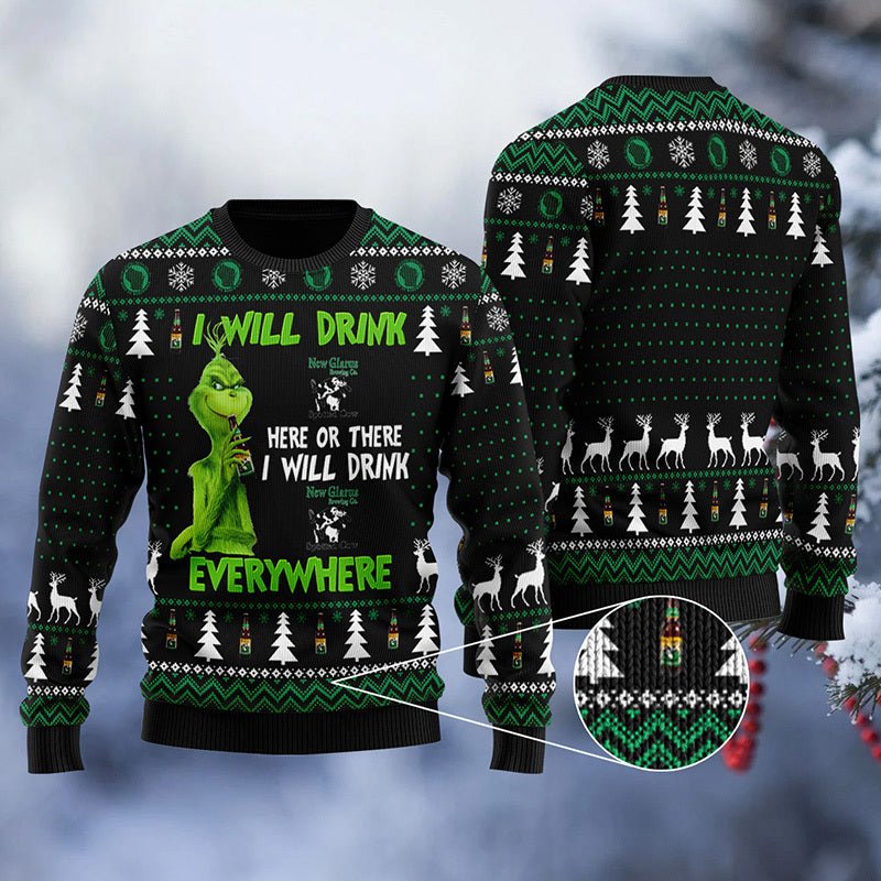 New Glarus Grinch Will Drink Everywhere Ugly Sweater - WeCustomit