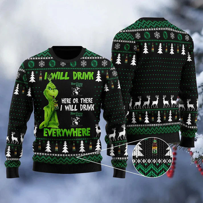 New Glarus Grinch Will Drink Everywhere Ugly Sweater - WeCustomit