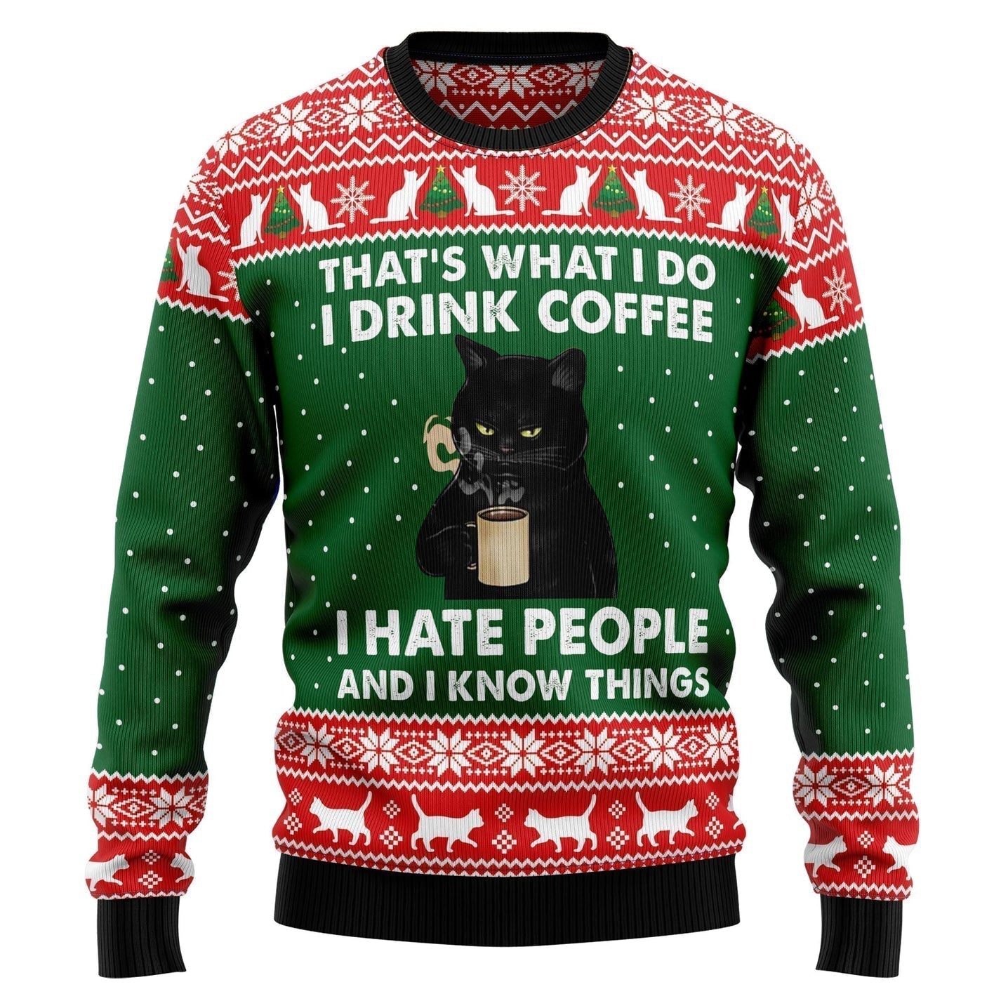 Black Cat Drink Coffee Ugly Christmas Sweater For Men & Women Christmas Gift Sweater US3503 - WeCustomit