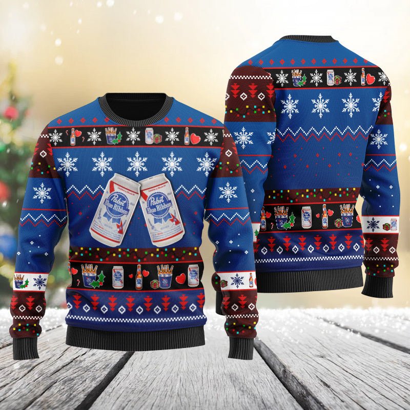 Pabst Blue Ribbon Snowflakes Ugly Sweater - WeCustomit