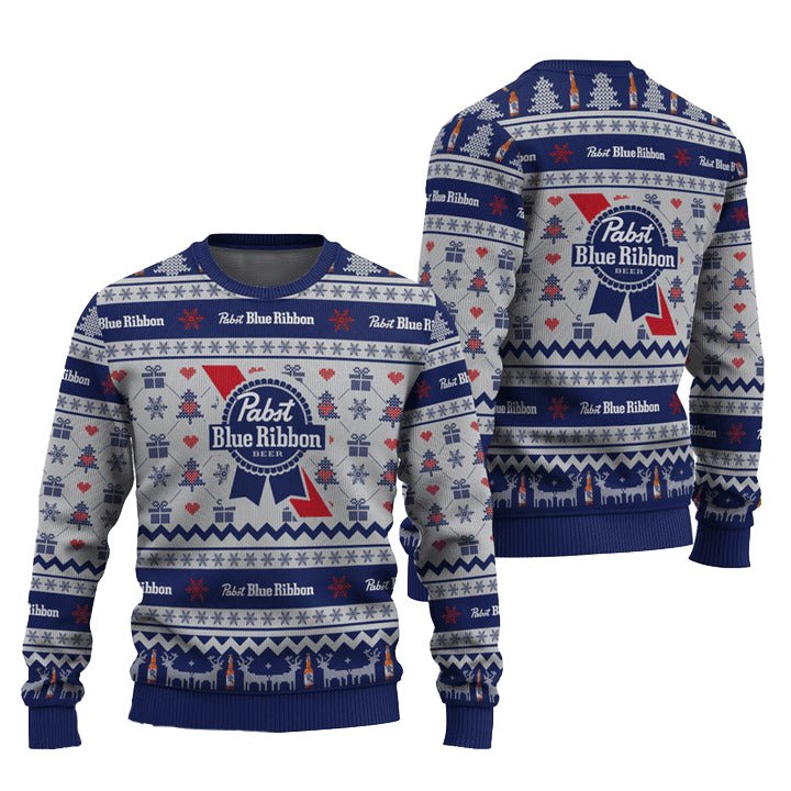 Pabst Blue Ribbon Snowing Christmas Ugly Sweater - WeCustomit