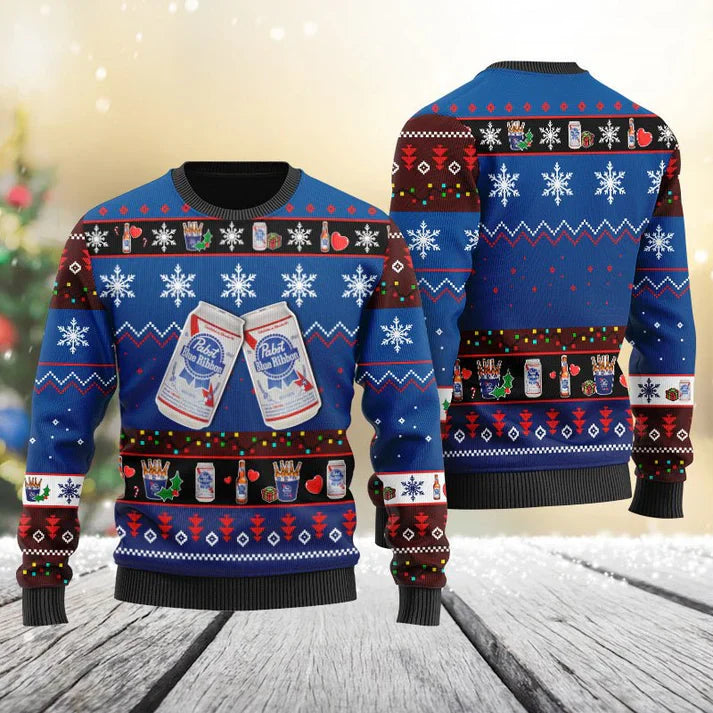 Pabst Blue Ribbon Snowflakes Ugly Sweater - WeCustomit