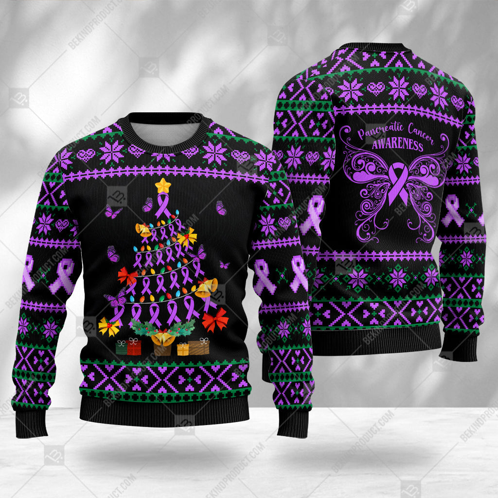 Pancreatic Cancer Awareness Sweater Ribbon Ugly Christmas Tree Gift Box Sweater Christmas Print Sweatshirt - Best Gift For Noel - WeCustomit