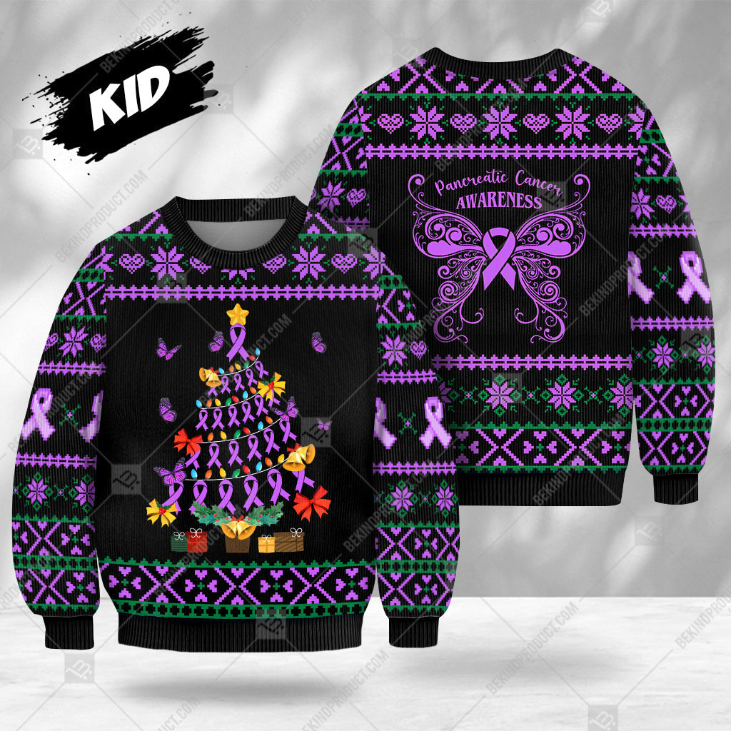 Pancreatic Cancer Awareness Sweater Ribbon Ugly Christmas Tree Gift Box Sweater Christmas Print Sweatshirt - Best Gift For Noel - WeCustomit