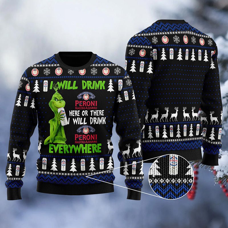 Peroni Grinch Will Drink Everywhere Ugly Sweater - WeCustomit