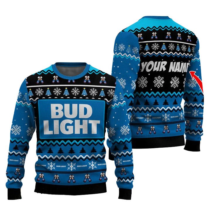Personalized Bud Light Pine Tree Snowing Christmas Ugly Sweater - WeCustomit