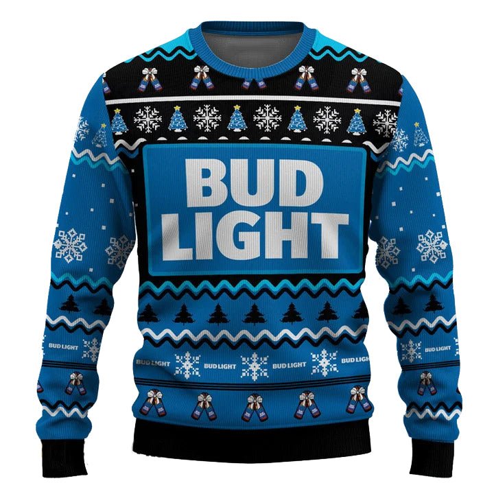 Personalized Bud Light Pine Tree Snowing Christmas Ugly Sweater - WeCustomit