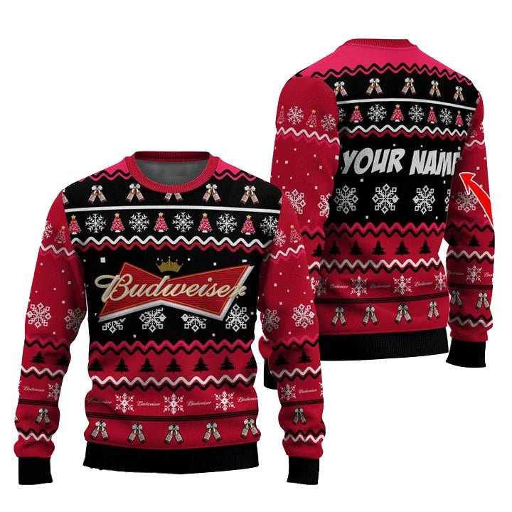 Personalized Budweiser Pine Tree Snowing Christmas Ugly Sweater - WeCustomit