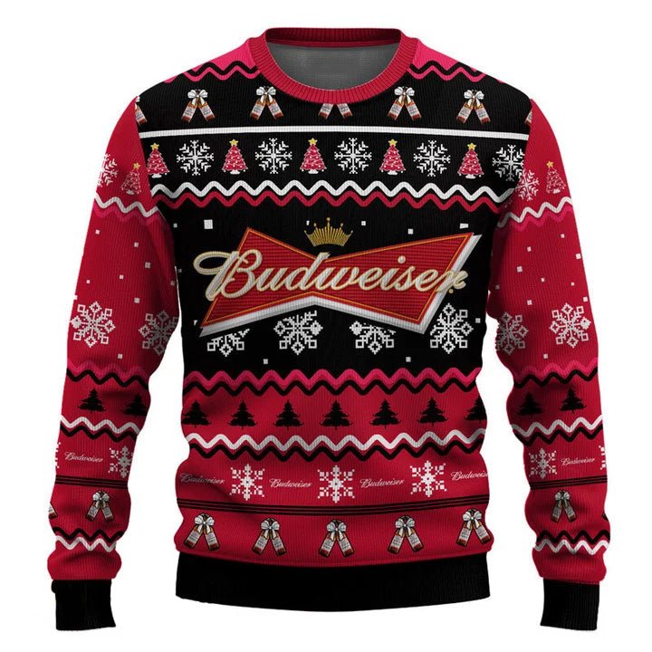Personalized Budweiser Pine Tree Snowing Christmas Ugly Sweater - WeCustomit