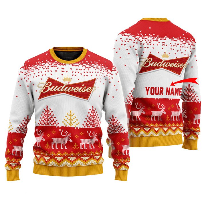 Personalized Budweiser Reindeer Christmas Ugly Sweater - WeCustomit