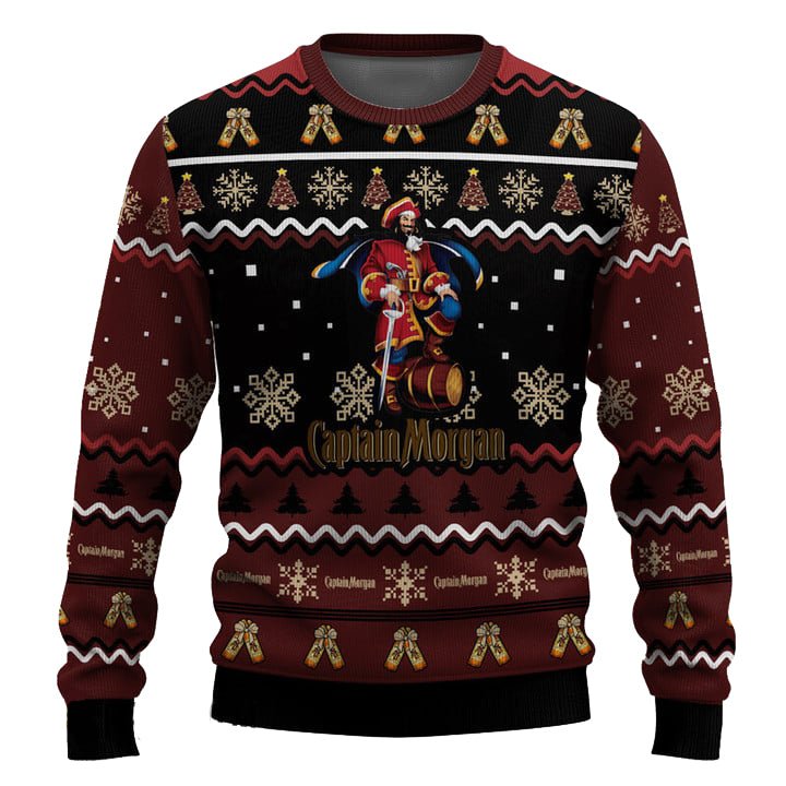 Personalized Captain Morgan Pine Tree Snowing Christmas Ugly Sweater - WeCustomit