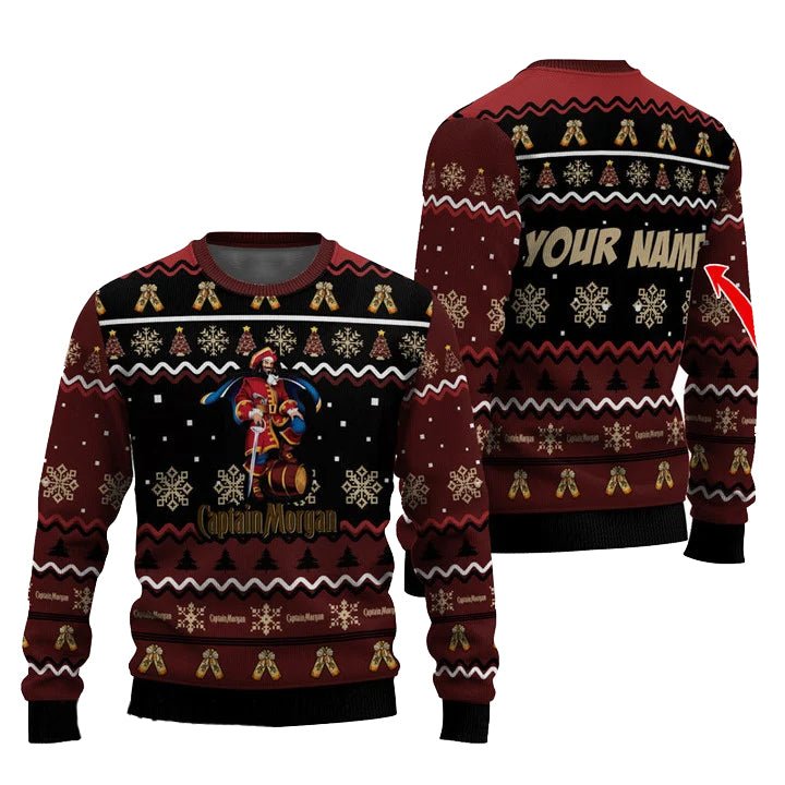Personalized Captain Morgan Pine Tree Snowing Christmas Ugly Sweater - WeCustomit