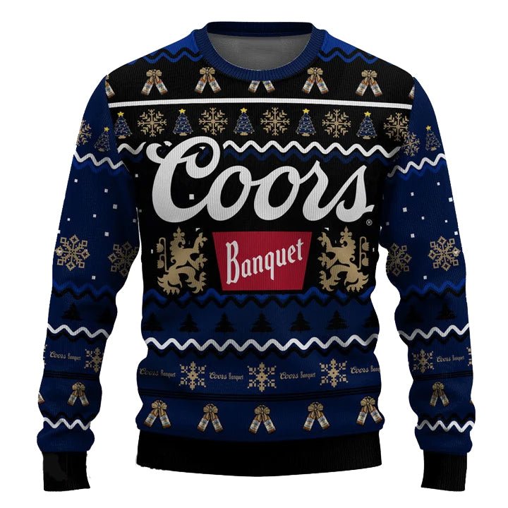 Personalized Coors Banquet Pine Tree Snowing Christmas Ugly Sweater - WeCustomit
