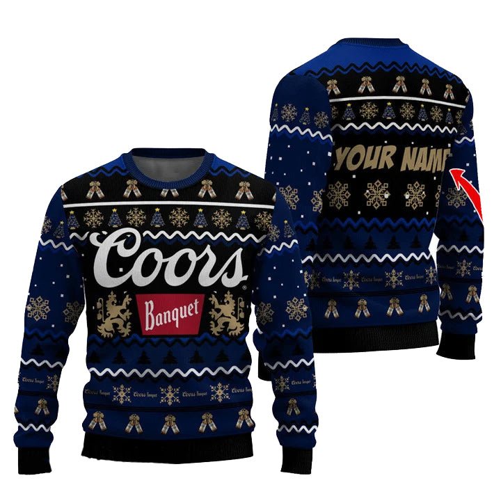 Personalized Coors Banquet Pine Tree Snowing Christmas Ugly Sweater - WeCustomit