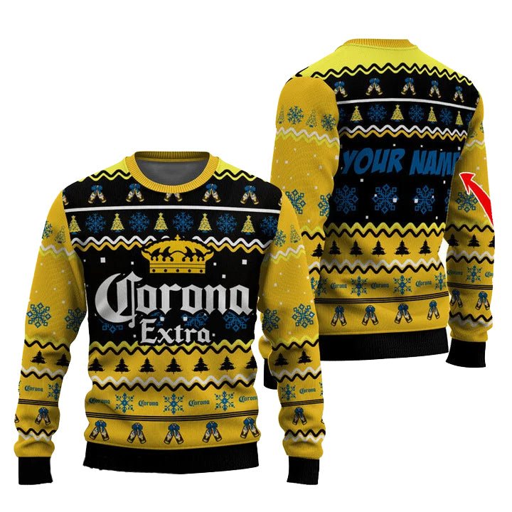 Personalized Corona Extra Pine Tree Snowing Christmas Ugly Sweater - WeCustomit