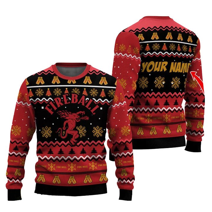 Personalized Fireball Pine Tree Snowing Christmas Ugly Sweater - WeCustomit