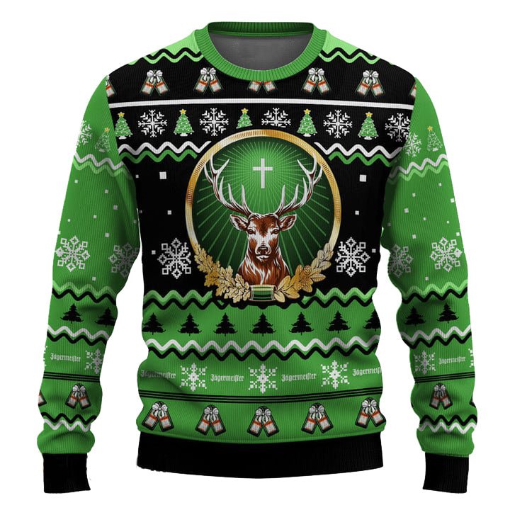 Personalized Jagermeister Pine Tree Snowing Christmas Ugly Sweater - WeCustomit