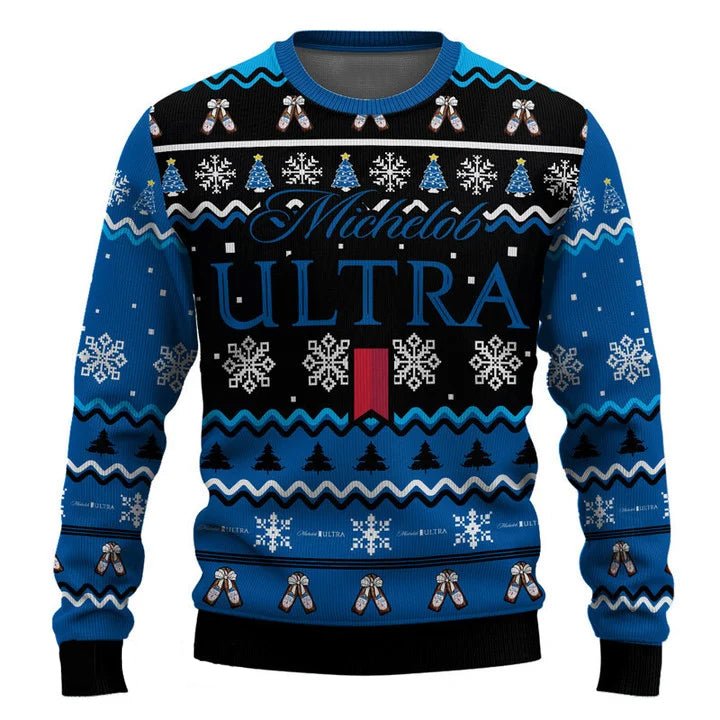 Personalized Michelob Ultra Pine Tree Snowing Christmas Ugly Sweater - WeCustomit