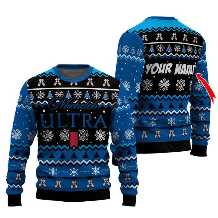 Personalized Michelob Ultra Pine Tree Snowing Christmas Ugly Sweater - WeCustomit