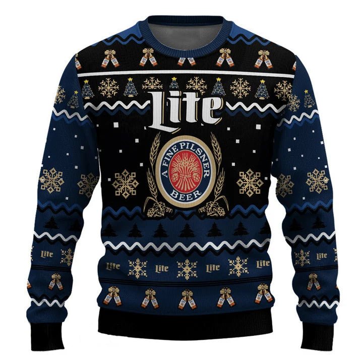 Personalized Miller Lite Pine Tree Snowing Christmas Ugly Sweater - WeCustomit