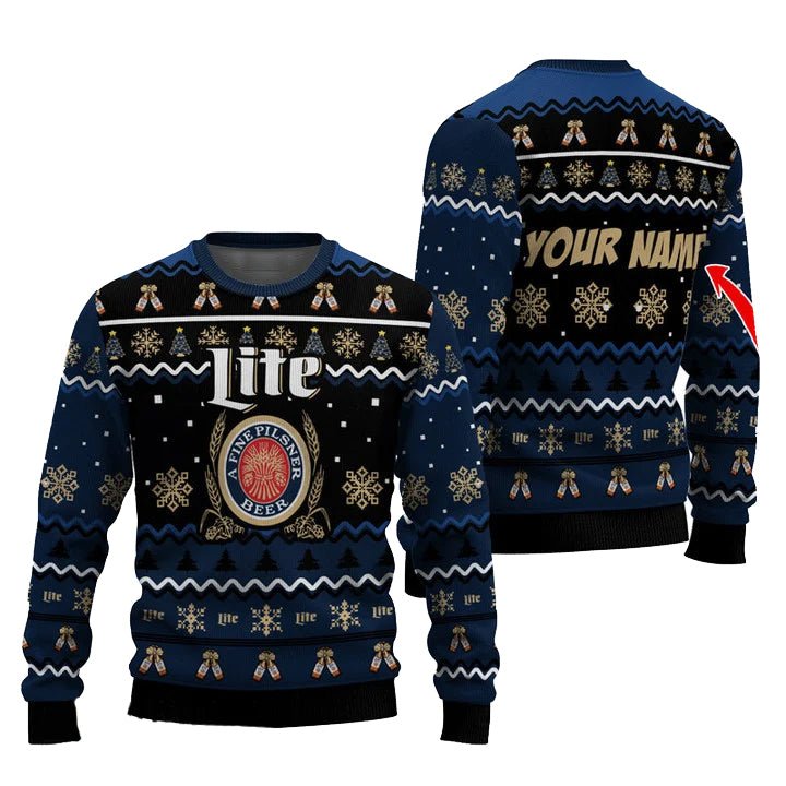 Personalized Miller Lite Pine Tree Snowing Christmas Ugly Sweater - WeCustomit