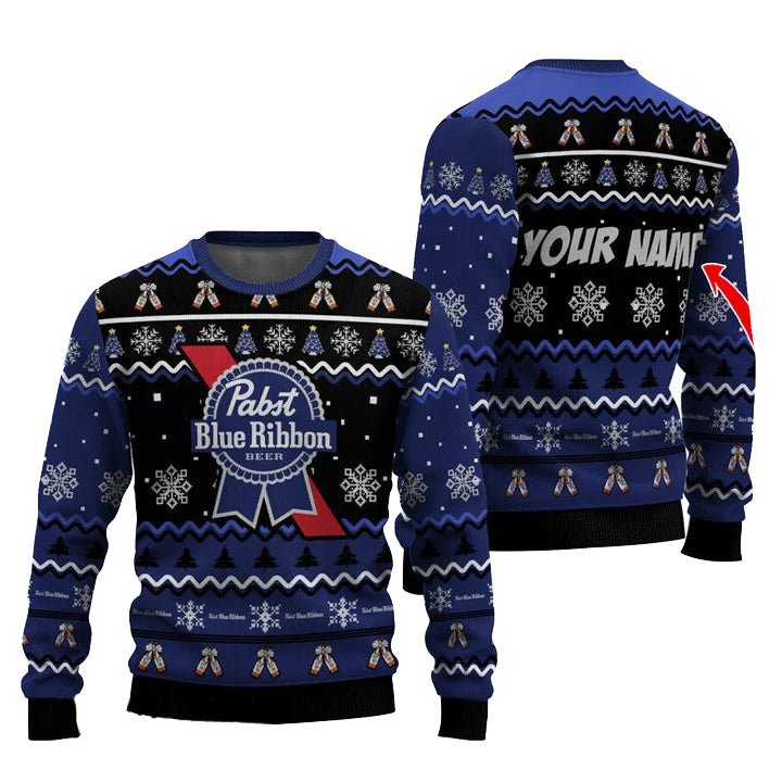 Personalized Pabst Blue Ribbon Pine Tree Snowing Christmas Ugly Sweater - WeCustomit