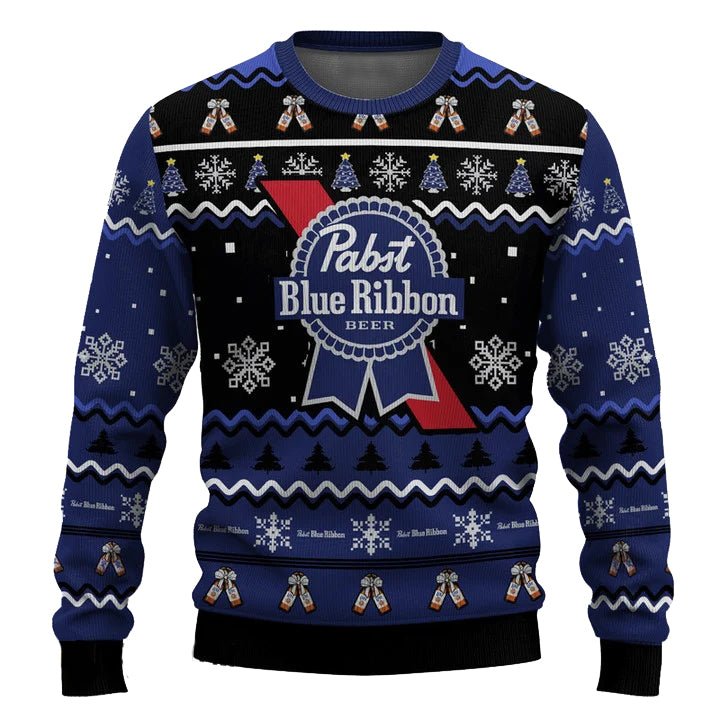 Personalized Pabst Blue Ribbon Pine Tree Snowing Christmas Ugly Sweater - WeCustomit